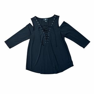 Iz Byer  Black Cold Shoulder Lace-Up Blouse | Grommet Detail | 3/4 Sleeve medium